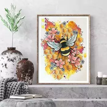 5D DIY Алмазная картина Трудолюбивая пчела Алмазная вышивка Полный мозаичный набор Наборы для вышивки крестом Домашний декор Подарки ручной работы Round 20x30cm