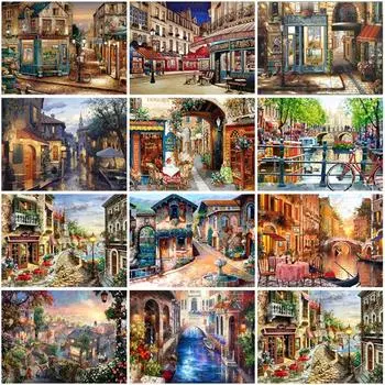 5D DIY Алмазная картина Уличная живописная полная круглая дрель Городской пейзаж Алмазная вышивка Мозаика Пейзаж Домашний декор Подарок Full Round 15x20CM