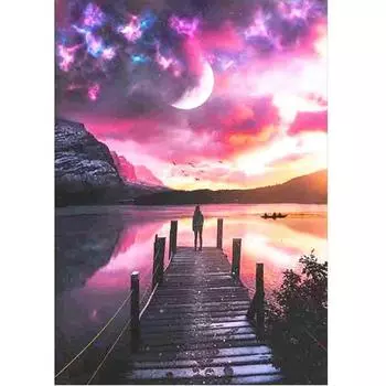 5D DIY Алмазная картина «Вид на Луну на мосту», Алмазная вышивка, полный набор мозаики, вышивка крестиком, домашний декор, подарки ручной работы Round 20x30cm
