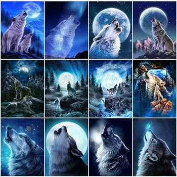 5D DIY Алмазная картина Вой Лунный волк Алмазная вышивка Набор для вышивки крестом Полный горный хрусталь Мозаика Домашний декор Round 20x30cm