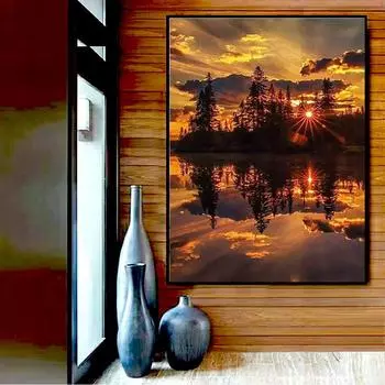 5D DIY Алмазная картина Вышивка крестом Полный круглый Алмазная вышивка Пейзаж Закат Озеро Домашний декор 20X30CM