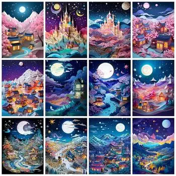 5D Diy Алмазная картина Вышивка Лунный дом Полный квадрат Круглая мозаика Горный пейзаж Домашний декор Full Round 20x30CM