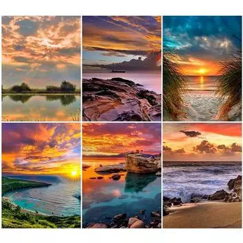 5D DIY Алмазная картина Закат Мозаика Искусство Приморская Алмазная вышивка Пейзаж Изображение Стразы Подарок ручной работы Full Round 20X30CM красный