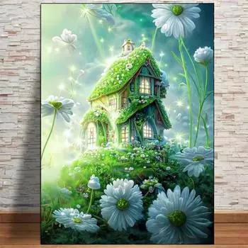 5D DIY Алмазная картина Зеленая ромашка Дом мечты Пейзаж Полный квадратный круглый бриллиант Мозаика Вышивка крестом Домашний декор Full Round 20x30CM