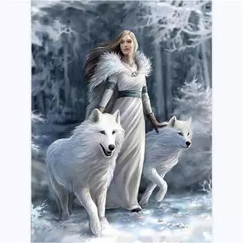 5D DIY Алмазная картина Женщина и волк Алмазная вышивка Полный мозаичный набор Наборы для вышивки крестом Домашний декор Подарки ручной работы Round 20x30cm