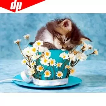 5D DIY Алмазная картина Животное Алмазная вышивка Чашка Цветок и кошка Изображение Горный хрусталь 20X30CM