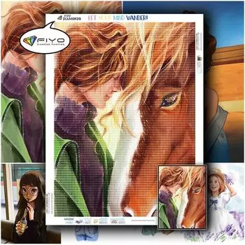 5D DIY Алмазная картина Животное Девушка Полный дрель Площадь Алмазная вышивка Портрет Мозаика Украшение дома Full Round 20X30CM