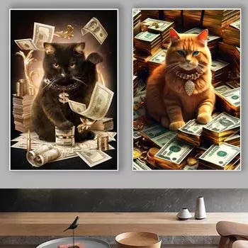 5D DIY Алмазная картина Животное Кошка Деньги Доллары Вдохновляющая вышивка Наборы для вышивки крестом Детская комната Дома Полные круглые сверла Мозаика Художественный декор Подарки 20x30cm