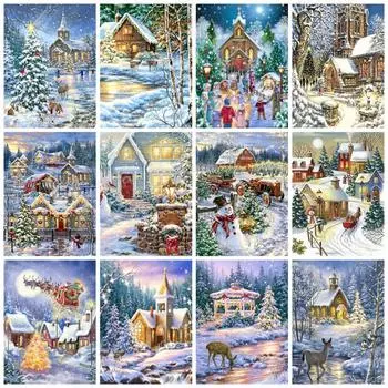 5d Diy Алмазная картина Зимний дом Домашний декор Вышивка крестом Рождественский снежный пейзаж Мозаика Кристалл Картина Full Round 20x30CM