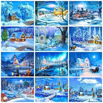 5D Diy Алмазная картина Зимний снег Полная квадратная круглая вышивка Мозаика Дом Пейзаж Домашний декор Full Round 20x30CM