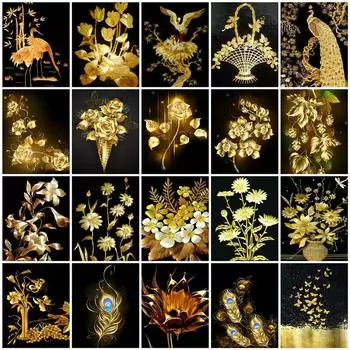 5D DIY Алмазная картина Золотой цветок Алмазная вышивка Набор для вышивки крестом Полный горный хрусталь Мозаика Домашний декор Round 20x30cm