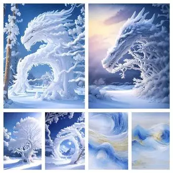 5D Diy Алмазная мозаика Белый дракон Снежное украшение для дома Вышивка крестом Набор для вышивки Dream Wave Animal Снежное настенное искусство Full Round 20x30CM