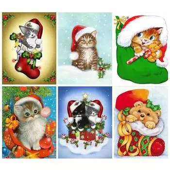 5D DIY Алмазная мозаика Рождественские сапоги Алмазная картина Кошка Животное Полный набор для вышивания Домашний декор Рождественский подарок Full Round 20x30CM