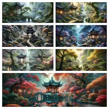 5D DIY Алмазная роспись Пейзаж Луна Маленький мост Текущая вода Павильон Мозаика Вышивка Пейзаж Украшение для дома Full Round 20x40CM