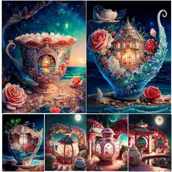 5D DIY Алмазная вышивка Чайник мечты Розовый пейзаж Дом Алмазная мозаика Вышивка крестиком Наборы для домашнего настенного художественного декора S467 Full Round 30x45CM