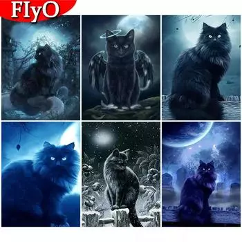 5D DIY Алмазная вышивка Черный кот Полный квадратный круглый набор для рукоделия Алмазная живопись Животное рукоделие Украшение дома Full Round 20X30CM красный