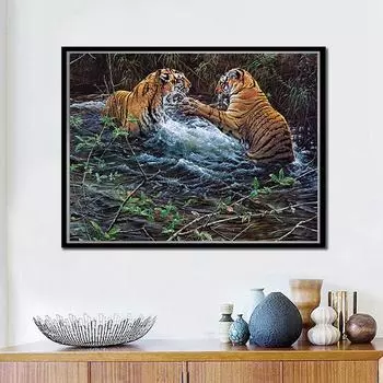 5D DIY Алмазная вышивка Два тигра в воде Полный круглый Алмазная картина Вышивка крестом Горный хрусталь 20X30CM