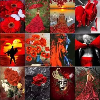 5D DIY Алмазная вышивка Картина Цветы Рисунок Красный Пейзаж Полный круглый дрель Вышивка крестиком Мозаика Ручная работа Full Round 20x30CM