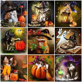 5D DIY Алмазная вышивка Кошка Полный Круглый Алмазная картина Животное Rhinestone Art Хэллоуин Украшения Full Round 20x20CM