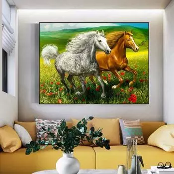 5D DIY Алмазная вышивка Пейзаж Мозаика Алмазная картина Лошади Полный круглый горный хрусталь 20X30CM