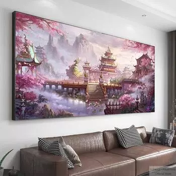 5D DIY Алмазная вышивка Полный круглый дом Горная мозаика Алмазная картина Сакура Цветок Пейзаж Настенный декор Искусство 30x60CM