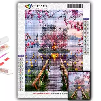 5D DIY Алмазная вышивка Розовая Сакура Пейзаж Алмазная картина Мозаика Украшение дома Full Round 20X30CM