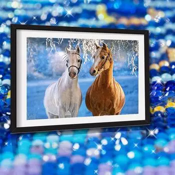 5D DIY Алмазная вышивка Снег Две лошади Алмазная картина Вышивка крестом Горный хрусталь Украшение дома 20X30CM