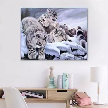 5D DIY Алмазная вышивка Снежный барс Семья Алмазная картина Вышивка крестом Полный круглый горный хрусталь 20X30CM