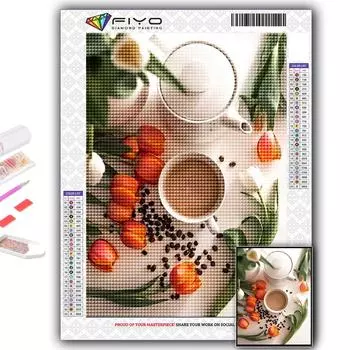 5D DIY Алмазная вышивка Тюльпаны и кофе Алмазная картина Мозаика Украшение дома Full Round 20X30CM