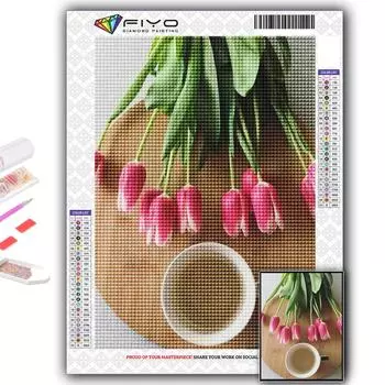 5D DIY Алмазная вышивка Тюльпаны и кофе Алмазная картина Мозаика Украшение дома Full Round 20X30CM