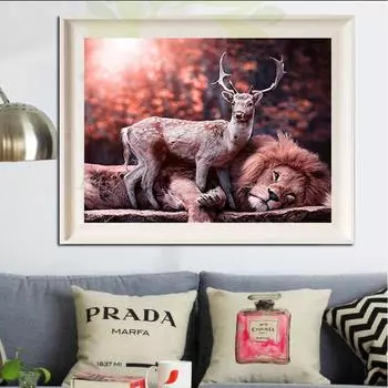 5D DIY Алмазная вышивка животными Лев и олень Алмазная вышивка Крестом Мозаика Горный хрусталь Домашний Декор Подарок 20X30CM