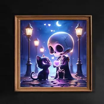 5D DIY Алмазная живопись Искусство Мультфильм Скелет Любовь Черный Кот Мозаика Наборы для вышивки крестом Дети Полные круглые дрели Современный домашний декор стены Подарки 20x20cm