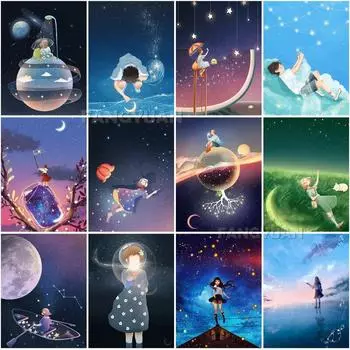 5D Diy алмазная живопись мультфильм дети Луна Ночной пейзаж набор для вышивки крестом горный хрусталь мозаика художественные фотографии украшение дома подарок Full Round 20x30CM