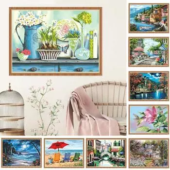 5D DIY алмазная живопись, вышивка крестом, морской город, пейзаж, полная дрель, мозаика, вышивка, пара, декор для комнаты, ремесло, искусство Round 20x30cm
