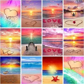 5d Diy алмазная живопись закат пляжный пейзаж Алмазная мозаика сердце наборы для вышивки крестом горный хрусталь морские фотографии дома Full Round 20x30CM