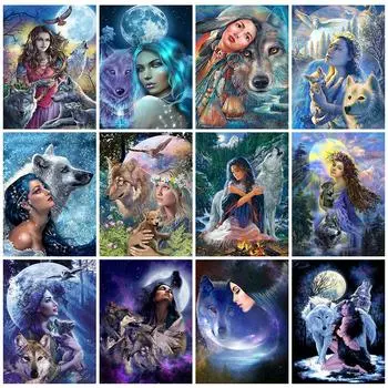 5D Diy алмазная живопись животное волк Алмазная вышивка женщина стразы картина волк вышивка крестиком мозаика ручная работа хобби подарок Full Round 20x30CM