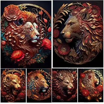 5D Diy алмазная живопись Золотой лев и цветы вышивка крестиком голова животного Алмазная художественная вышивка мозаика украшение дома подарки Full Round 20x30CM