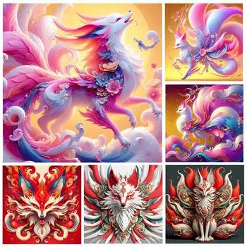 5d Diy Animal New Diamond Mosaic Вышивка Набор Цветок Девятихвостая Лиса Алмазные Цветные Украшения Вышивка Крестом Украшение Дома Full Round 20x20CM