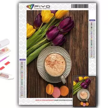 5D DIY Алмазная картина Тюльпаны и кофе Вышивка крестом Алмазная художественная вышивка Мозаика Домашний декор Full Round 20X30CM