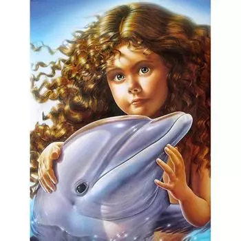 5D DIY Алмазная картина Девушка и дельфин Полная круглая Алмазная вышивка крестиком Стразы 20X30CM