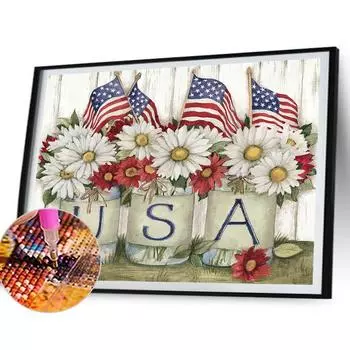5D DIY Full Round Drill Diamond Painting Vase USA Flags Home Art Decor 40x50cm A
