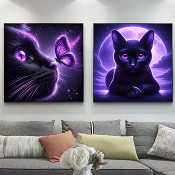 5D DIY Готический Темно-Фиолетовый Черный Кот и Бабочка Алмазная Картина Мозаика Наборы Для Вышивки Крестом Дети Полные Круглые Сверла Домашний Декор Стен Подарки на Хэллоуин 20x20cm