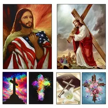5D Diy Иисус Христос Алмазная картина Религиозный крест Пейзаж Мозаика Украшение дома Полная круглая квадратная алмазная вышивка Full Round 20x30CM