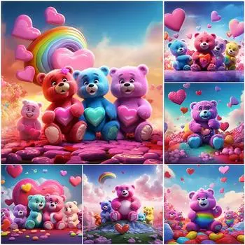 5D DIY Красочная Радуга Конфеты Розовая Любовь Мультфильм Милый Плюшевый Медведь Ручная Алмазная Картина Вышивка Полный Круглый Алмазная Мозаика Комната Домашний Декор Подарки 20x20cm