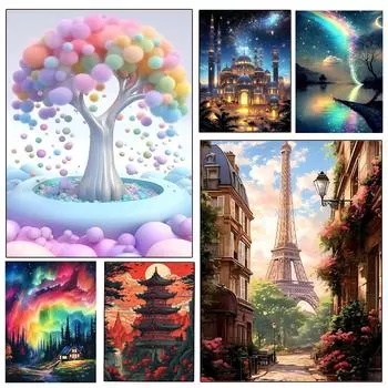 5D Diy Новая серия 2024 Алмазная вышивка Морской вид Дерево Пагода Инкрустированная Алмазная Живопись Пейзаж Художественный Набор Подарок на День Рождения Украшения Full Round 20x30CM