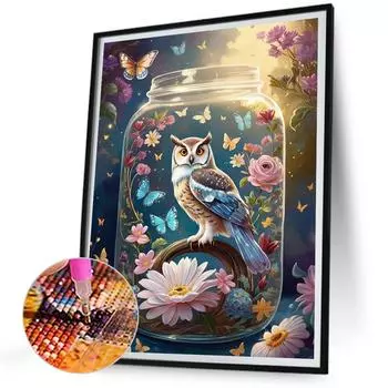 5D DIY Полная круглая алмазная картина Стекло и сова Декор для дома Искусство 30x40 см CA