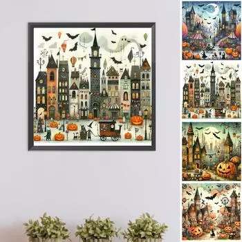 5D DIY Полная круглая дрель Алмазная картина Хэллоуин Город Уличный декор Искусство A9040