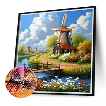 5D DIY Полная круглая дрель Алмазная картина Ветряная мельница Домашний декор Искусство Ремесло 40x40 см