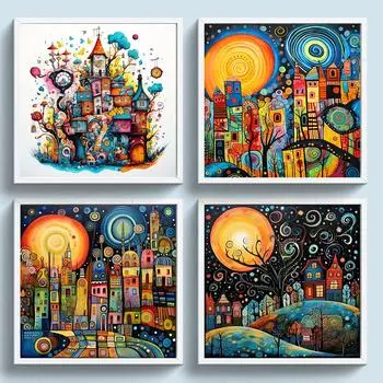 5D DIY Полная круглая дрель Алмазная картина Красочный дом Абстрактная серия Декор зелёный