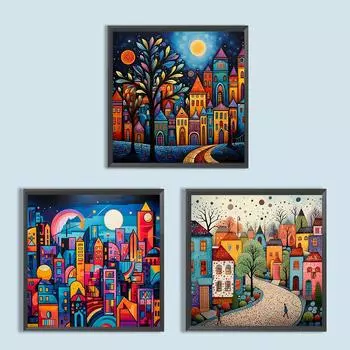 5D DIY Полная круглая дрель Алмазная картина Красочный дом Домашний декор Искусство Ремесло жёлтый